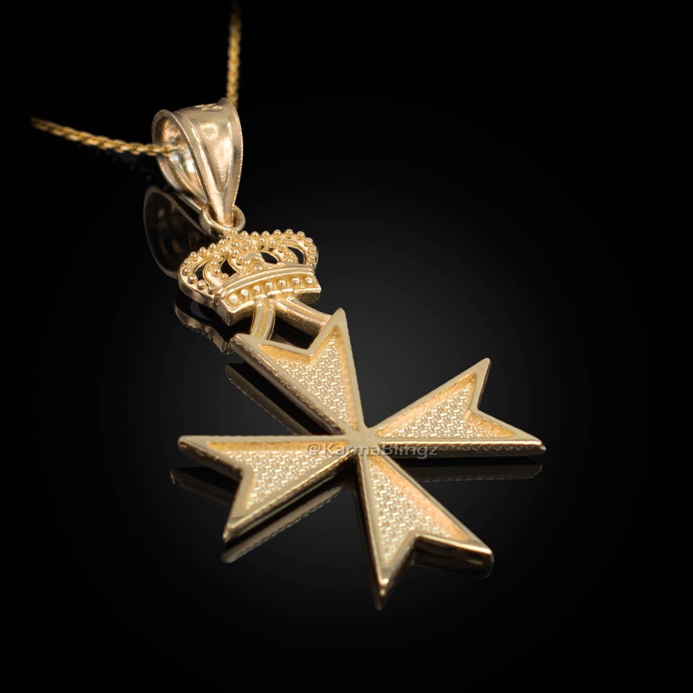 Gold Maltese Cross Imperial Crown Pendant Necklace (yellow, white, rose gold) Karma Blingz