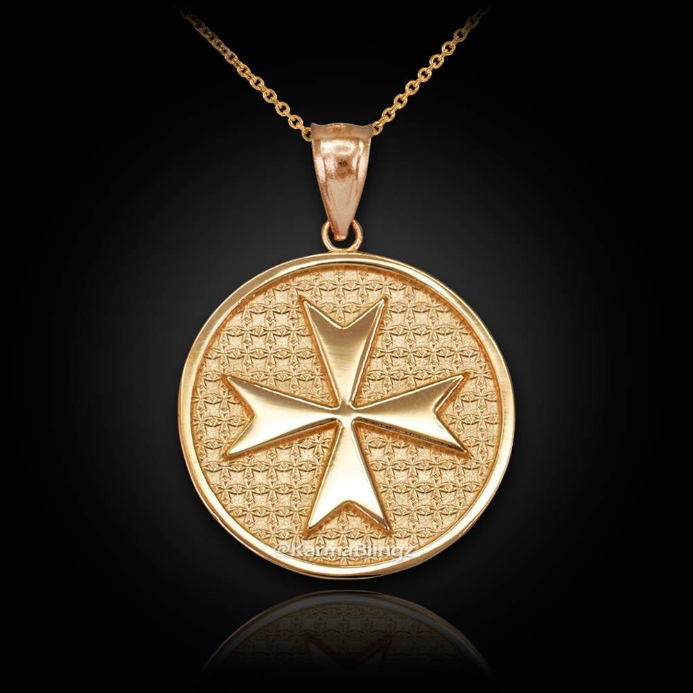 Solid Gold Knights Templar Maltese Cross Medal Pendant Necklace (yellow, white, rose gold) Karma Blingz