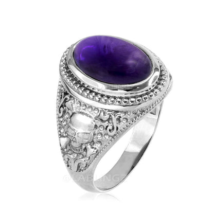 Sterling Silver Purple Amethyst Skull And Bone Biker Birthstone Ring. Karma Blingz