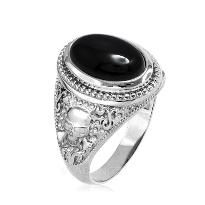 Sterling Silver Black Onyx Skull And Bone Biker Gemstone Ring. Karma Blingz