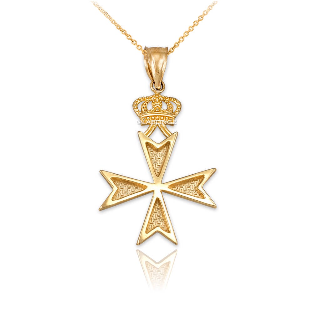 Gold Maltese Cross Crown Charm Necklace (yellow, white, rose gold) Karma Blingz