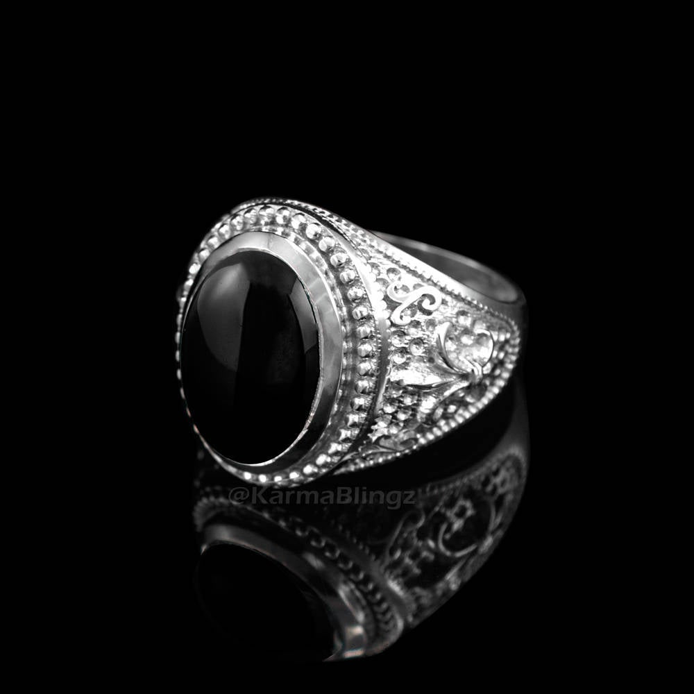 Sterling Silver Fleur De Lis Black Onyx Gemstone Statement Ring Karma Blingz