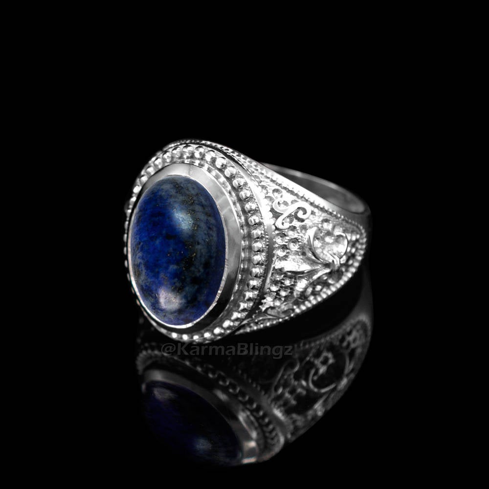 Sterling Silver Fleur De Lis Lapis Lazuli Gemstone Statement Ring Karma Blingz
