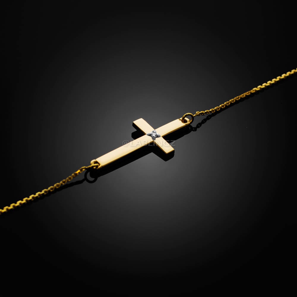 14K Solid Gold Diamond Cross Bracelet (yellow, white, rose gold) Karma Blingz