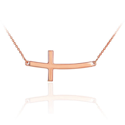 14K Solid Gold Sideways Curved Cross Necklace (yellow, white, rose gold) Karma Blingz