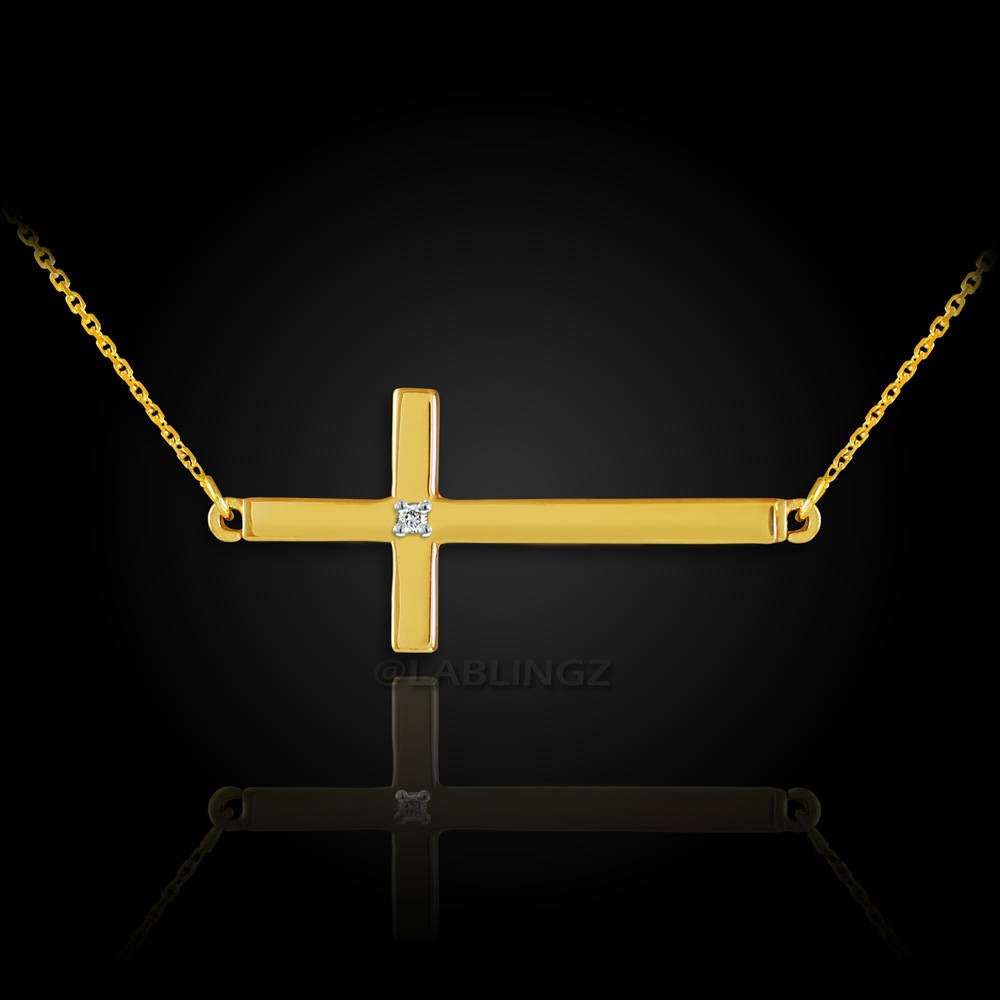 14K Solid Gold Diamond Sideways Cross Necklace (yellow, white, rose gold) Karma Blingz