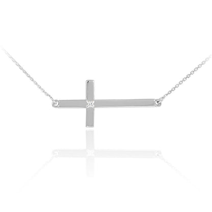 14K Solid Gold Diamond Sideways Cross Necklace (yellow, white, rose gold) Karma Blingz