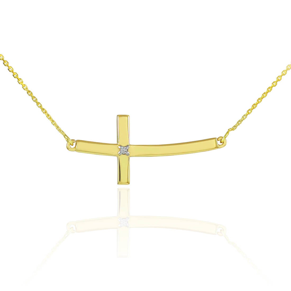 14K Solid Gold Sideways Diamond Curved Cross Necklace (yellow, white, rose gold) Karma Blingz