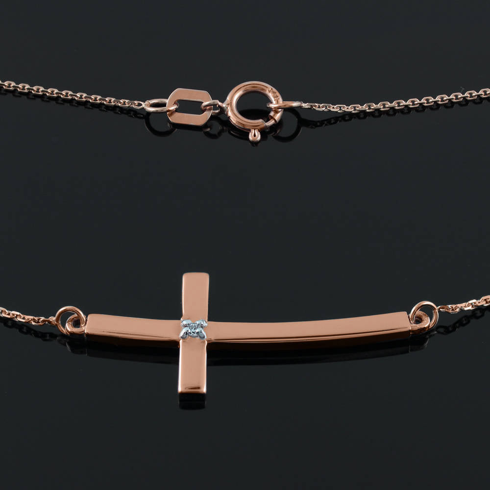 14K Solid Gold Sideways Diamond Curved Cross Necklace (yellow, white, rose gold) Karma Blingz
