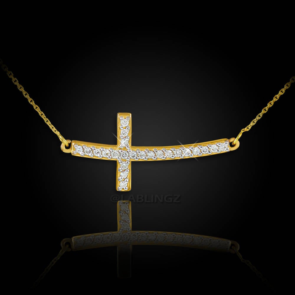 14K Gold Curved Sideways Cross Diamond Necklace (yellow, white, rose gold) Karma Blingz