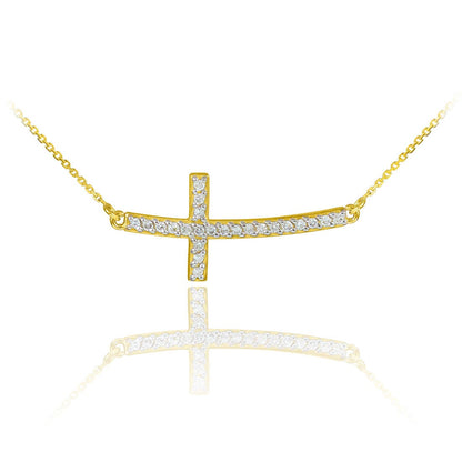 14K Gold Curved Sideways Cross Diamond Necklace (yellow, white, rose gold) Karma Blingz