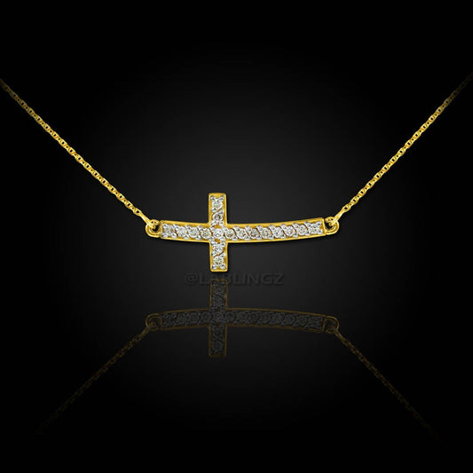 14K Gold Curved Mini Sideways Cross Diamond Necklace (yellow, white, rose gold) Karma Blingz
