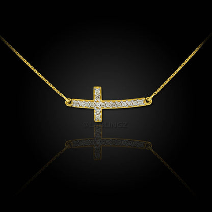 14K Gold Curved Mini Sideways Cross Diamond Necklace (yellow, white, rose gold) Karma Blingz