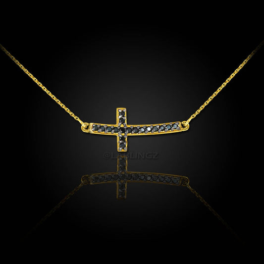 14K Gold Curved Mini Sideways Cross Black Diamond Necklace (yellow, white, rose gold) Karma Blingz
