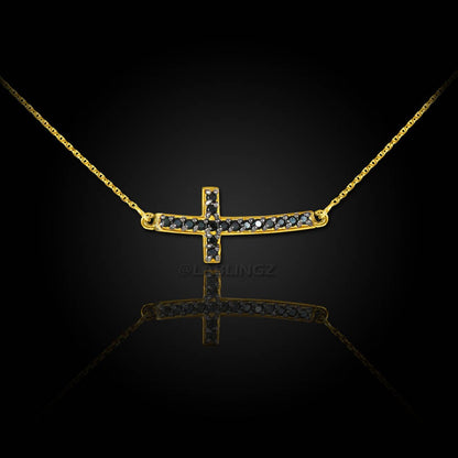 14K Gold Curved Mini Sideways Cross Black Diamond Necklace (yellow, white, rose gold) Karma Blingz