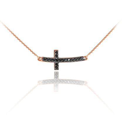 14K Gold Curved Mini Sideways Cross Black Diamond Necklace (yellow, white, rose gold) Karma Blingz