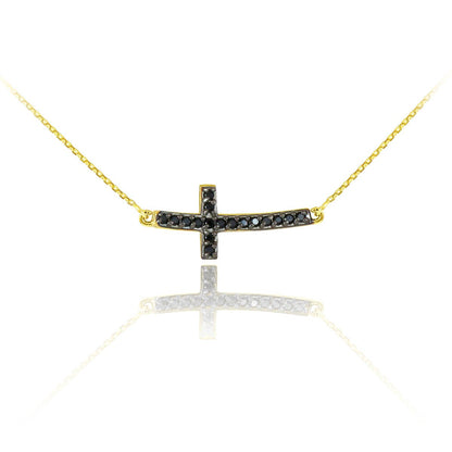 14K Gold Curved Mini Sideways Cross Black Diamond Necklace (yellow, white, rose gold) Karma Blingz