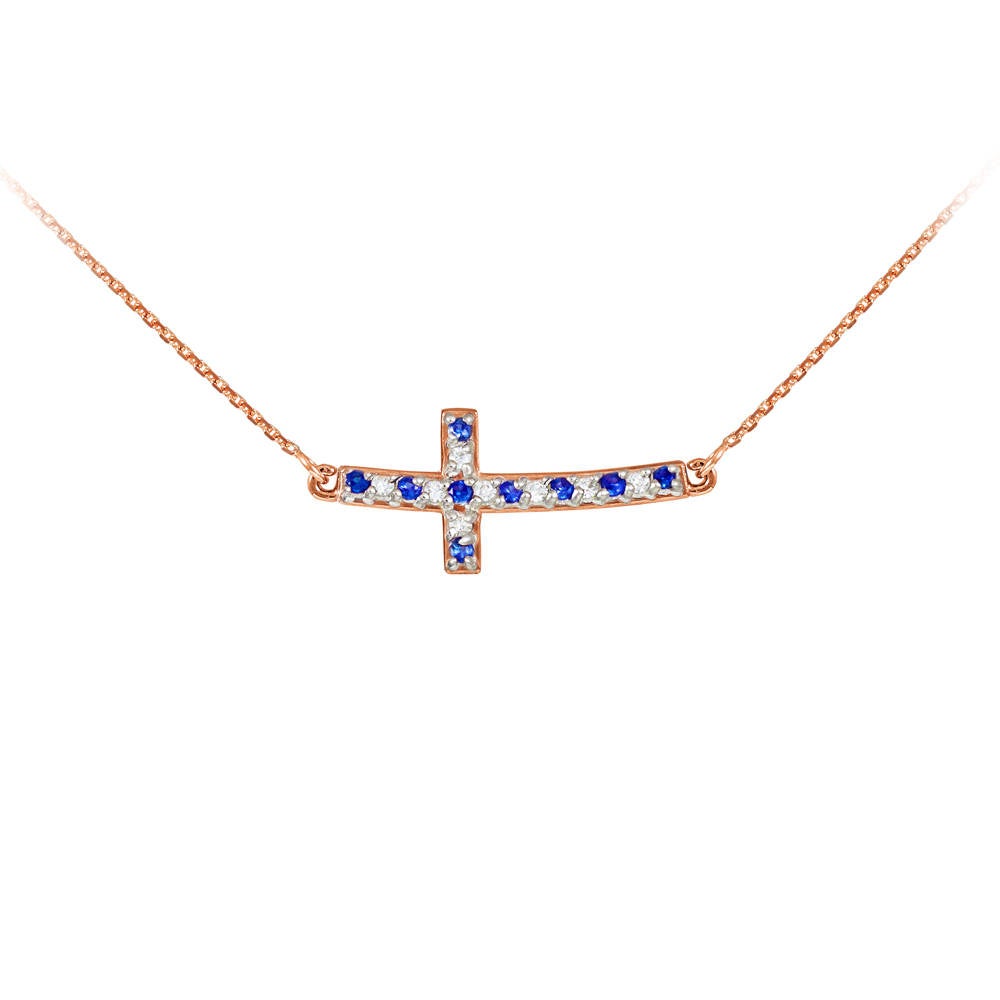 14K Gold Diamond and Sapphire Curved Mini Sideways Cross Necklace (yellow, white, rose gold) Karma Blingz
