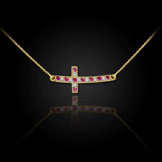 14K Gold Diamond and Ruby Curved Mini Sideways Cross Necklace (yellow, white, rose gold) Karma Blingz
