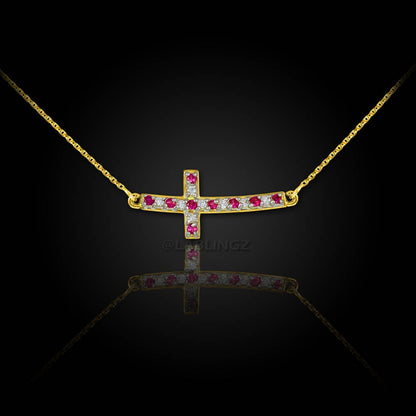14K Gold Diamond and Ruby Curved Mini Sideways Cross Necklace (yellow, white, rose gold) Karma Blingz