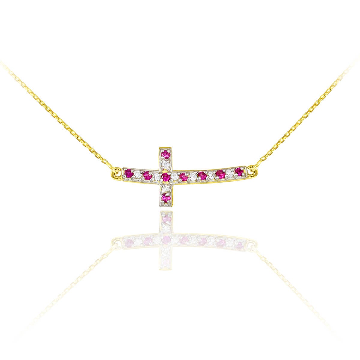 14K Gold Diamond and Ruby Curved Mini Sideways Cross Necklace (yellow, white, rose gold) Karma Blingz