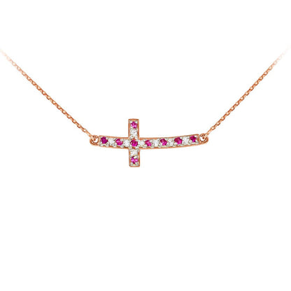 14K Gold Diamond and Ruby Curved Mini Sideways Cross Necklace (yellow, white, rose gold) Karma Blingz