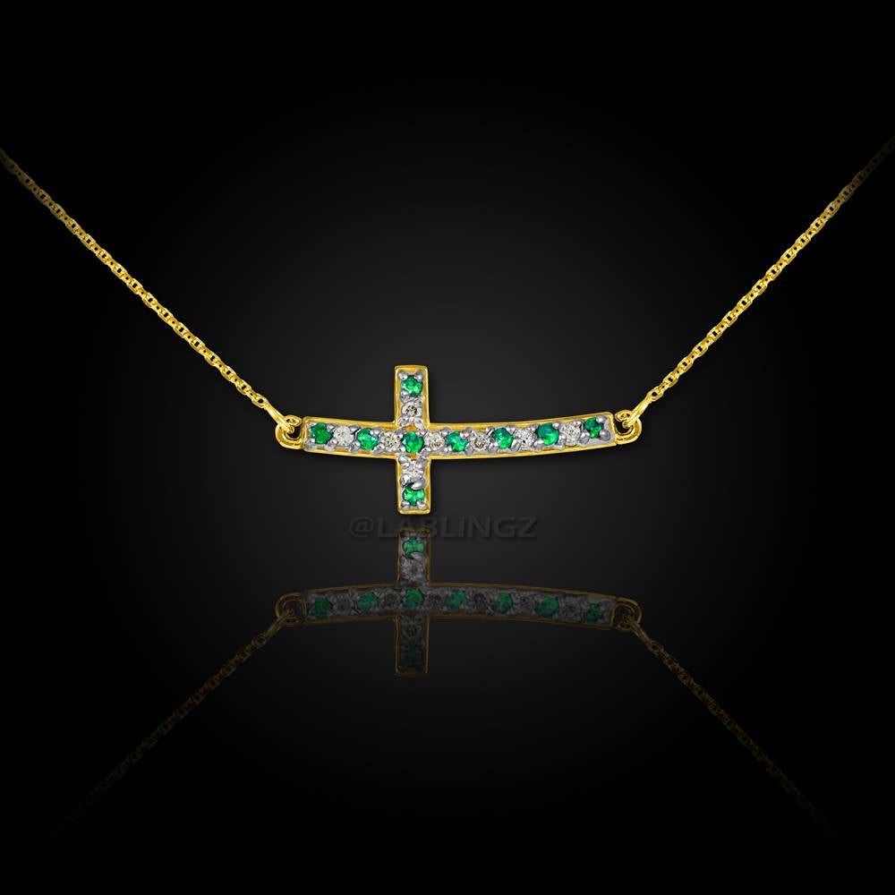 14K Gold Diamond and Emerald Curved Mini Sideways Cross Necklace (yellow, white, rose gold) Karma Blingz