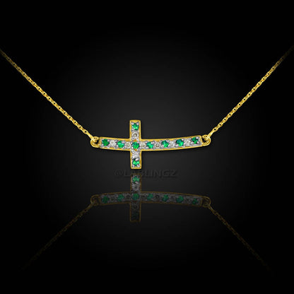 14K Gold Diamond and Emerald Curved Mini Sideways Cross Necklace (yellow, white, rose gold) Karma Blingz