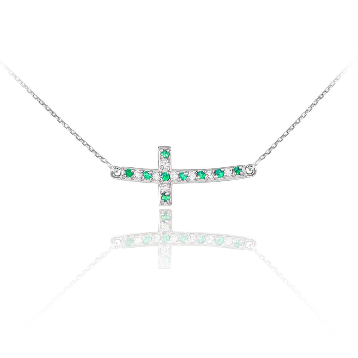 14K Gold Diamond and Emerald Curved Mini Sideways Cross Necklace (yellow, white, rose gold) Karma Blingz