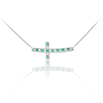 14K Gold Diamond and Emerald Curved Mini Sideways Cross Necklace (yellow, white, rose gold) Karma Blingz