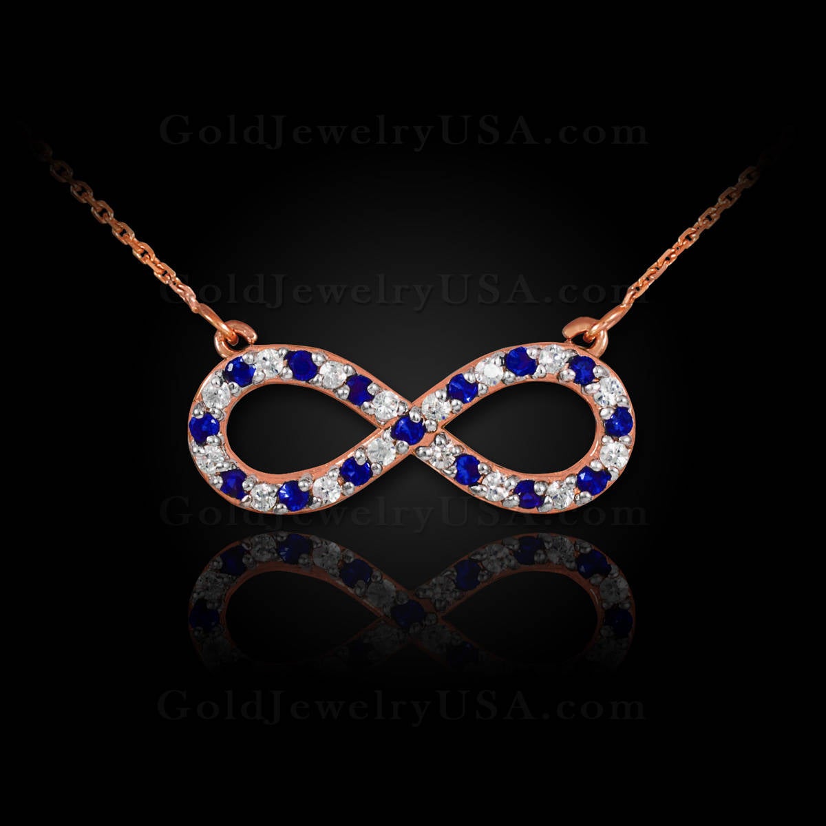 14K Gold Diamond and Sapphire Infinity Necklace (yellow, white, rose gold) Karma Blingz