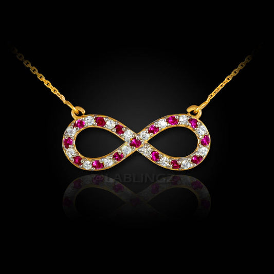 14K Gold Diamond and Ruby Infinity Necklace (yellow, white, rose gold) Karma Blingz