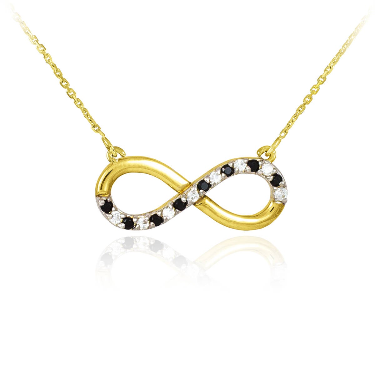 14K Polished Gold Black and White Diamond Infinity Necklace (yellow, white, rose gold) Karma Blingz