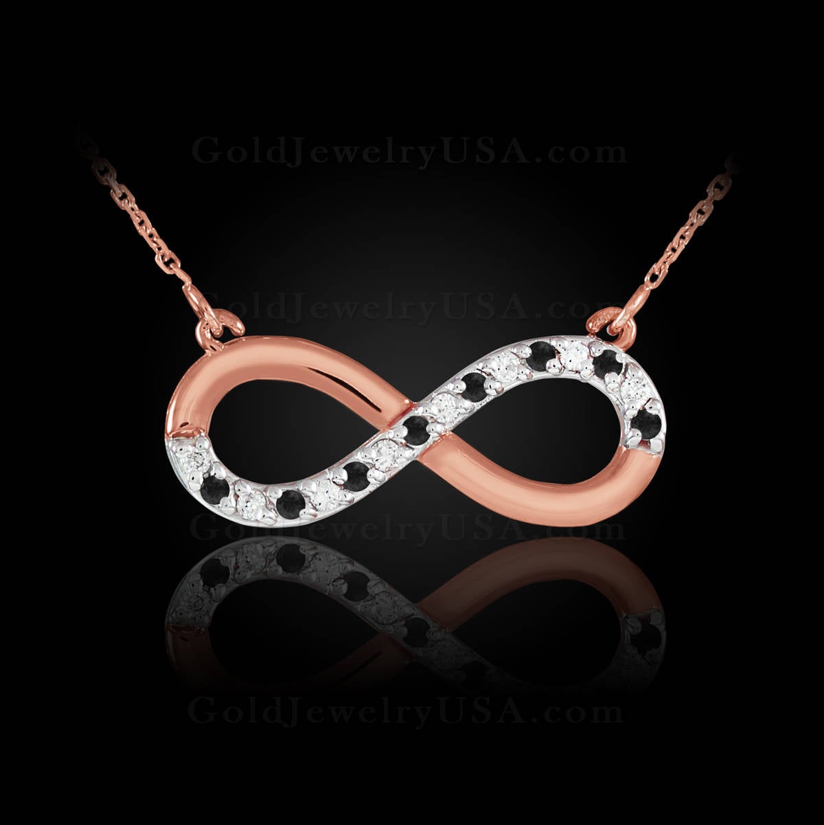 14K Polished Gold Black and White Diamond Infinity Necklace (yellow, white, rose gold) Karma Blingz