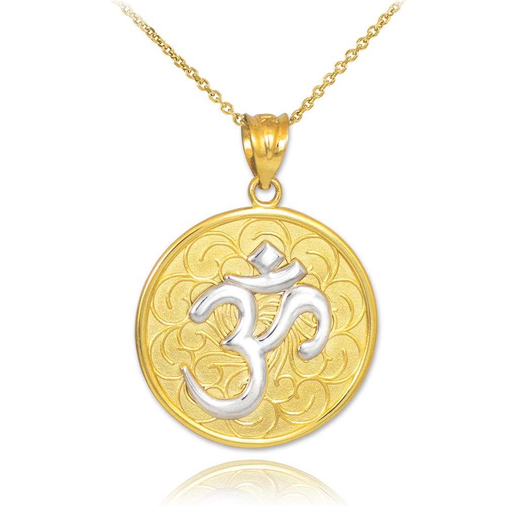 Gold Om (Aum) Yoga Medallion Pendant Necklace (yellow, white, rose