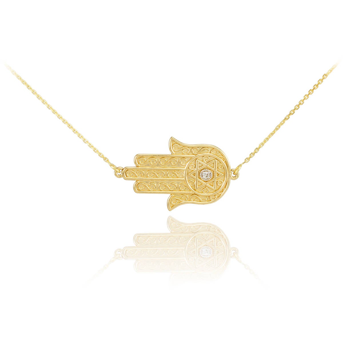 14K Gold Sideways Hamsa Star of David Diamond Necklace (yellow, white, rose gold) Karma Blingz