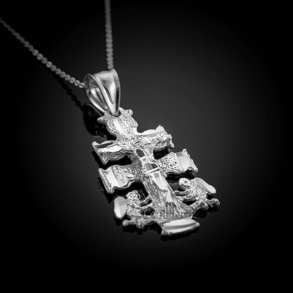 Gold Caravaca Crucifix Double Cross Pendant Necklace (yellow, white, rose gold, 10k, 14k) Karma Blingz