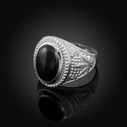 Sterling Silver Marijuana Weed Black Onyx Gemstone Ring Karma Blingz