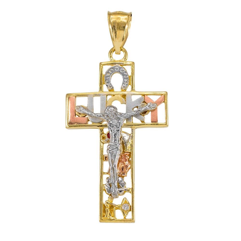 Gold Lucky Charm Crucifix Cross CZ Pendant (multi-tone, white, 10k, 14k) Karma Blingz