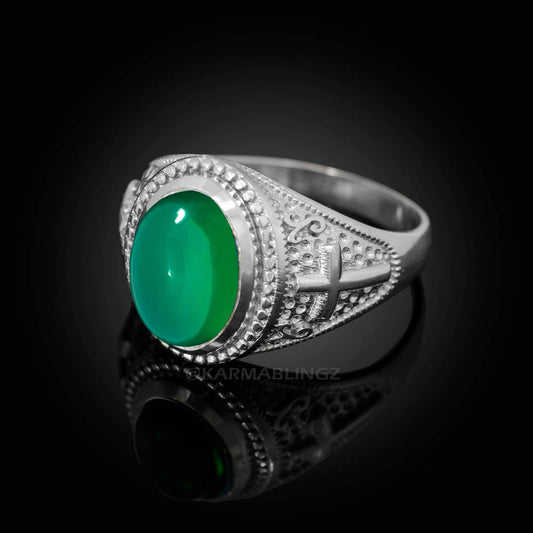 Sterling Silver Christian Cross Green Onyx Gemstone Ring Karma Blingz