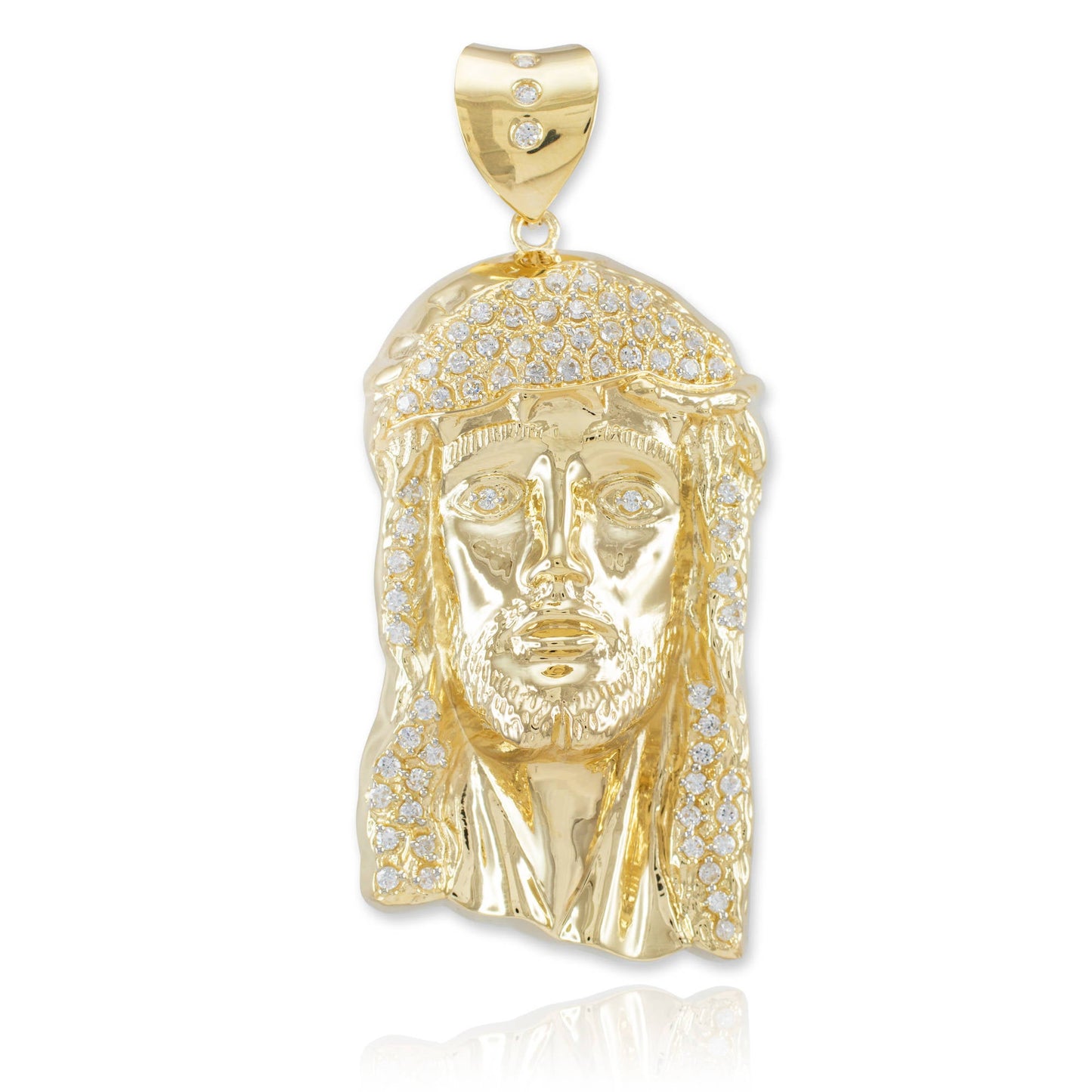 Iced Gold Jesus Face Mens Large CZ Pendant (yellow, white gold, 10k, 14k) Karma Blingz