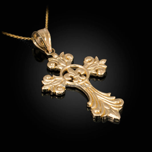 Gold Fleur de Lis Cross Pendant Necklace (yellow, white, rose gold, 10k, 14k) Karma Blingz