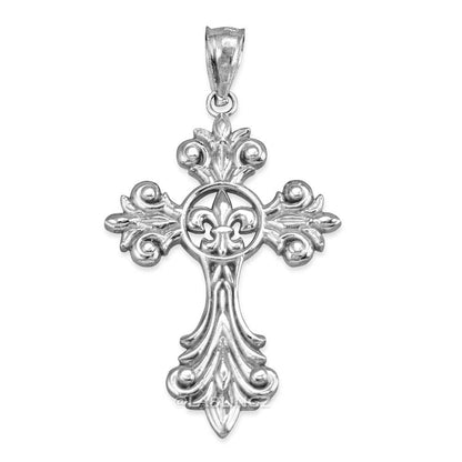 Gold Fleur de Lis Cross Pendant Necklace (yellow, white, rose gold, 10k, 14k) Karma Blingz