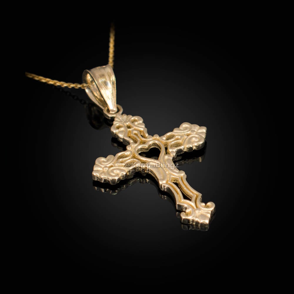 Gold Open Heart Cross Charm Pendant Necklace (yellow, white, rose gold, 10k, 14k) Karma Blingz