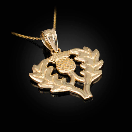 Gold Scottish Thistle Pendant Necklace (yellow, white, rose gold, 10k, 14k) Karma Blingz