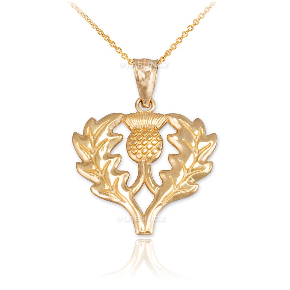Gold Scottish Thistle Pendant Necklace (yellow, white, rose gold, 10k, 14k) Karma Blingz