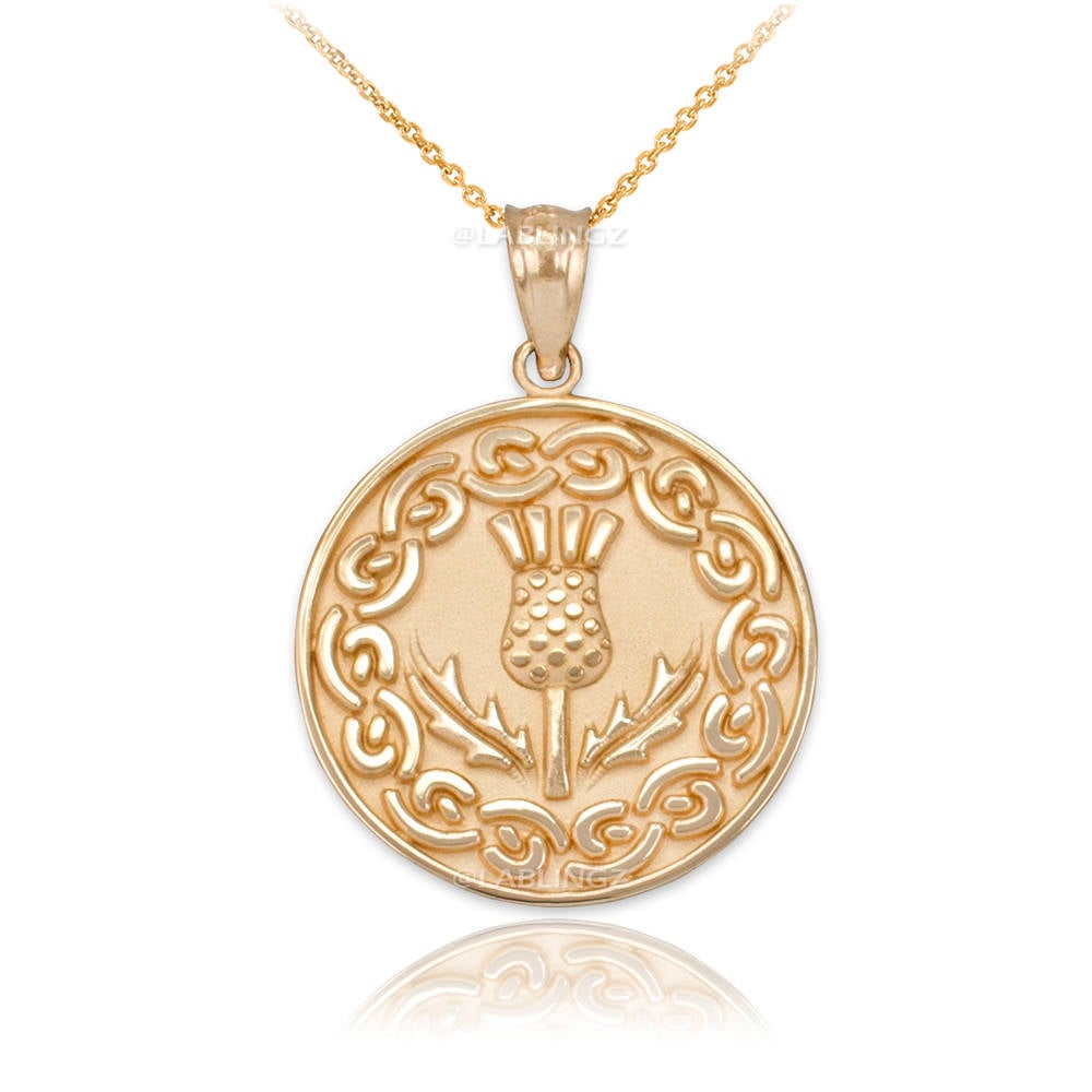 Gold Scottish Thistle Medallion Pendant Necklace (10k, 14k, yellow, white, rose gold) Karma Blingz