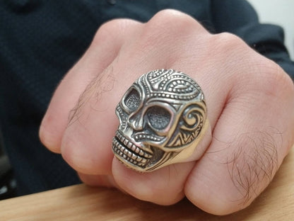 Solid Sterling Silver Sugar Skull Santa Muerte Mens Statement Ring Karma Blingz