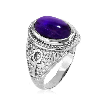 Sterling Silver Egyptian Ankh Amethyst Cabochon Gemstone Ring Karma Blingz