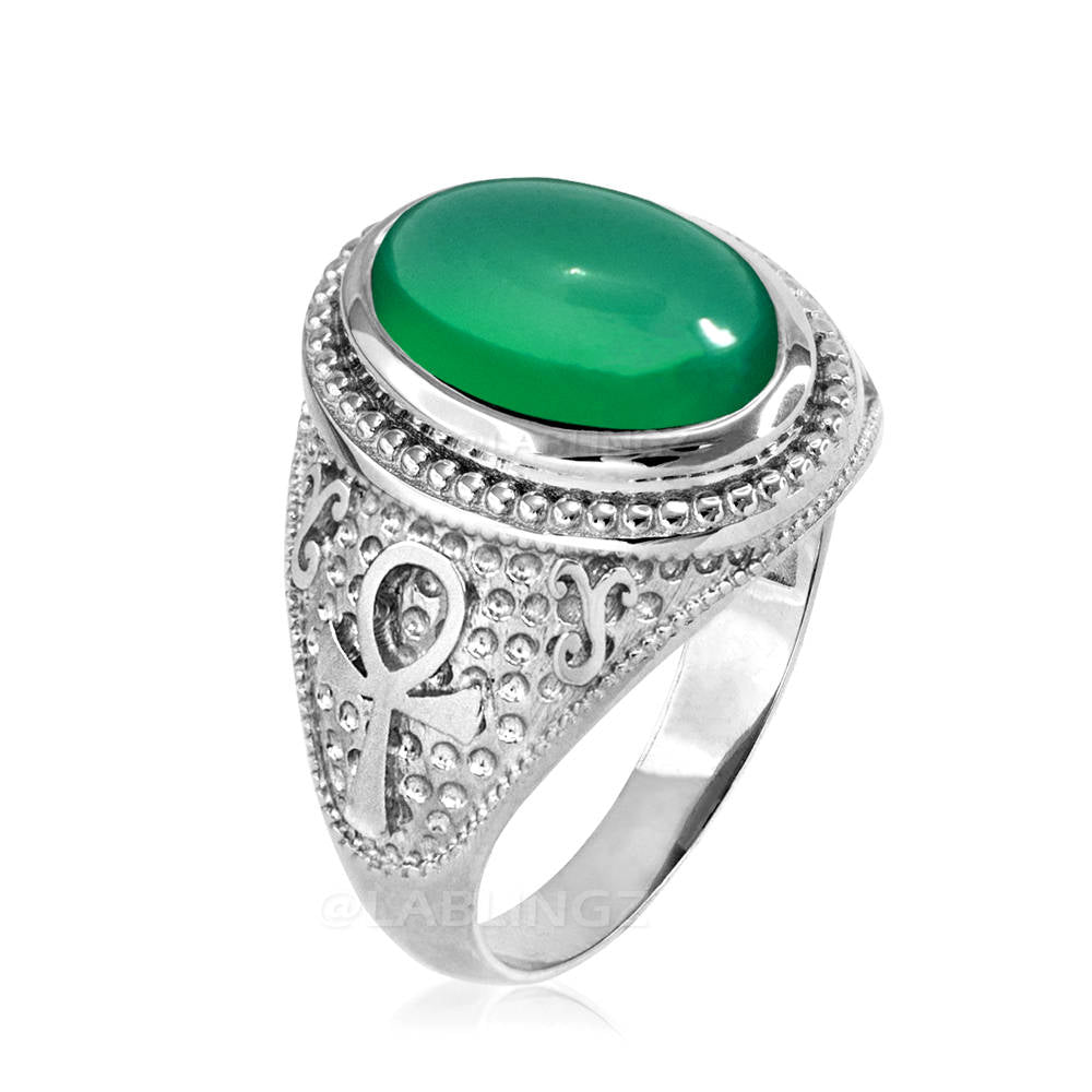 Sterling Silver Egyptian Ankh Cross Green Onyx Gemstone Ring Karma Blingz